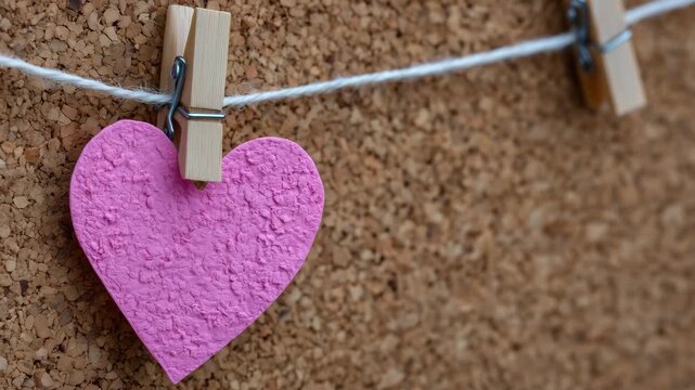 259Close-up of small heart-shaped note pinned to corkboard with a tiny clothespin, Valentine&rsquo;s message visual