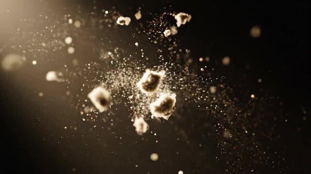 dust particles in dark space. Tiny dust particles drift slowly through a dark space, occasionally colliding and changing direction under subtle air currents.