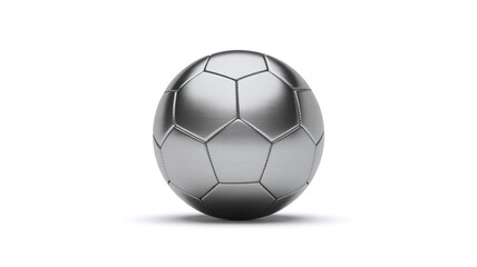 Highly realistic rendering of a shiny metallic silver soccer ball isolated against a clean white background for sports concepts.