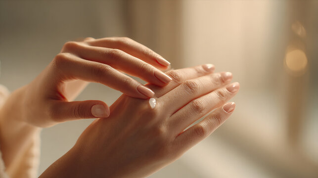 Close-up of hands rubbing cream into skin with emphasis on texture and tactile motion in warm light