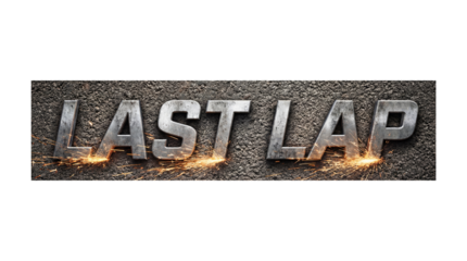 The Last Lap, metallic text over a textured background with fiery details