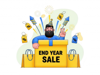 Man celebrating end of year sale with colorful balloons and shopping bags isolated on transparent background
