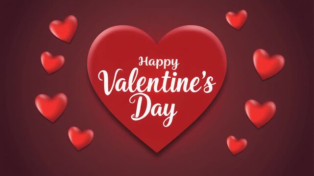 A large red heart with &ldquo;Happy Valentine&rsquo;s Day&rdquo; in white cursive at center&mdash;surrounded by scattered red hearts on a dark red background, evoking romance, warmth, and festive celebration.