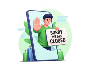 A cartoon man holding a sorry we are closed sign on a phone screen isolated on transparent background