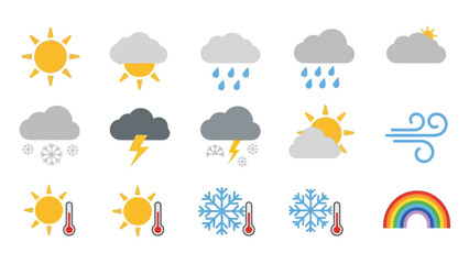 Weather icons set with sun cloud rain snow and temperature symbols
