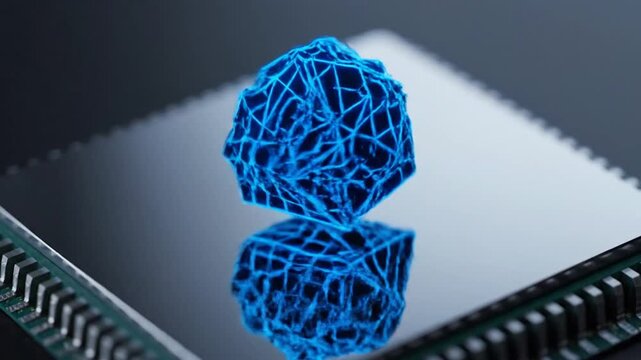 A glowing blue wireframe structure, resting on a reflective CPU surface, rotates and dynamically morphs from a cube into an abstract polygonal shape over the course of 8 seconds, symbolizing data pro