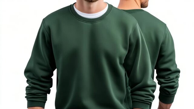 370Plain green sweatshirt on a man, front view, white seamless background, fabric and stitching details visible, professional online catalog presentation