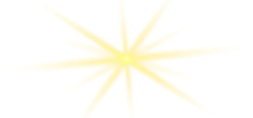 Minimalist yellow star with long thin rays on transparent PNG background. Soft glowing light design element.