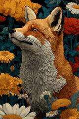 Fototapeta premium A decorative illustration depicting a fox among flowering plants, executed in a detailed graphic style. 