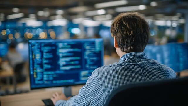 Back view of AI developer typing at keyboard, ultra-detailed programming code visible on widescreen monitor, bright open-plan office, modern software engineering workflow