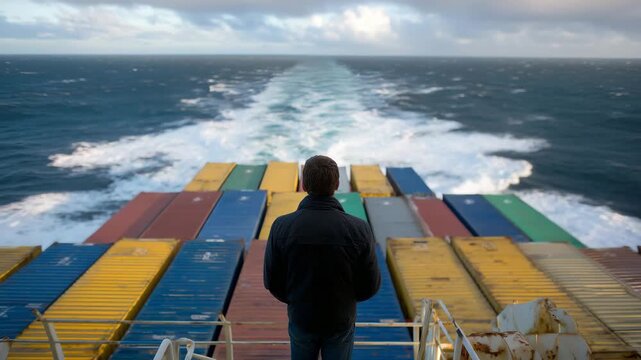 Back view of man walking alone on cargo vessel deck, expansive ocean and sky ahead, stacked containers framing the scene, sense of journey and global shipping industry