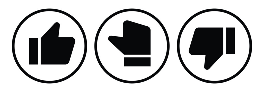 Like, dislike and neutral thumb symbols in white and black circle. Feedback and rating thumbs up and thumbs down icons set. Thumbs up, down and sideways icon set.