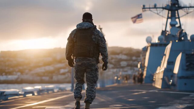 Cinematic back view of a military figure walking alone on a navy ship deck, low sunlight casting long shadows, metallic surfaces glowing, calm yet powerful maritime defense scene