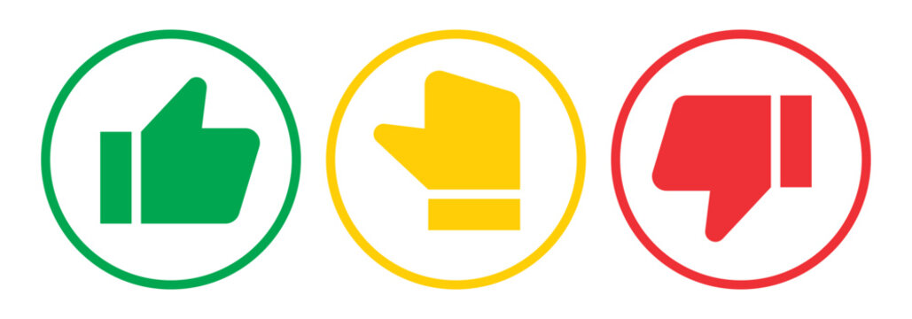 Like, dislike and neutral thumb symbols in white and black circle. Feedback and rating thumbs up and thumbs down icons set. Thumbs up, down and sideways icon set.