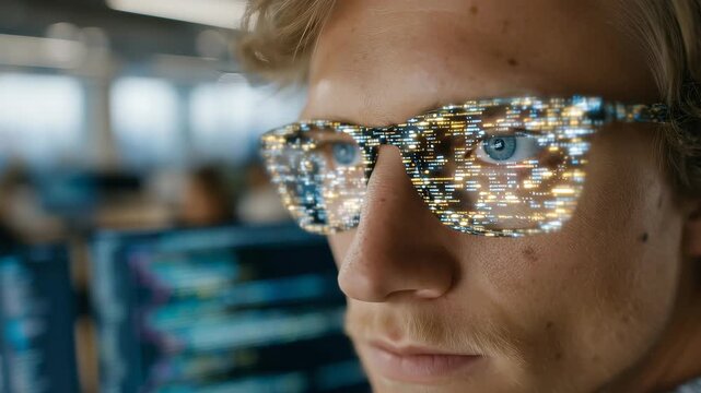 Cinematic close-up of programmer working on AI software, hyper-realistic code reflected in glasses, bright office with soft daylight, futuristic yet realistic development environme