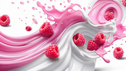 Fresh raspberries splashing in pink and white creamy liquid, creating a dynamic and vibrant composition