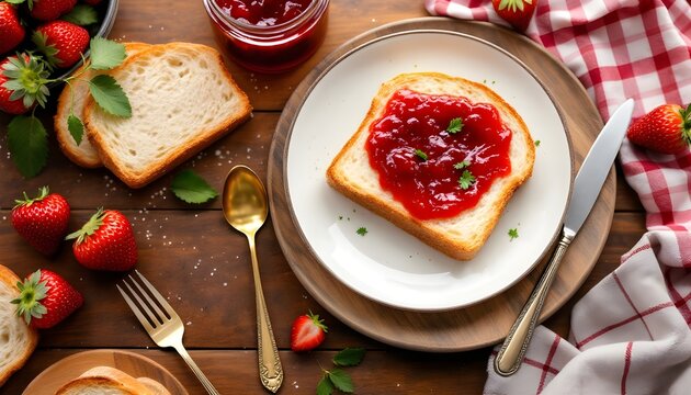 Toast with strawberry jam on plate with breakfast ingredients for homemade food, morning meal, and cozy kitchen lifestyle concept.