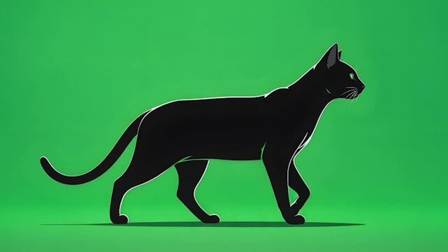 A striking black cat with vibrant green eyes captured against a vivid green backdrop