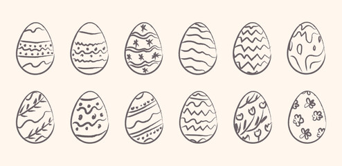 Hand drawn sketch style Easter egg collection with decorative patterns and floral ornaments. Happy easter doodle ink crayon set with texture. Vector illustration isolated on background. © millering