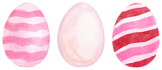 Pink Easter Eggs Watercolor with Stripe Pattern and Plain in Pastel Color - Hand Drawn and Painted 