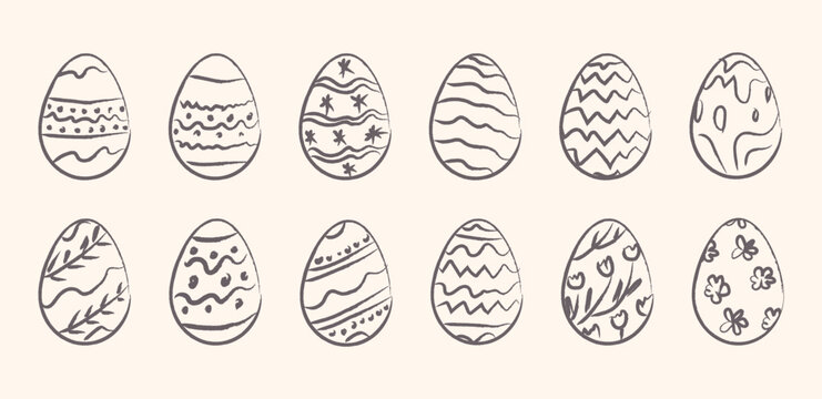 Hand drawn sketch style Easter egg collection with decorative patterns and floral ornaments. Happy easter doodle ink crayon set with texture. Vector illustration isolated on background.