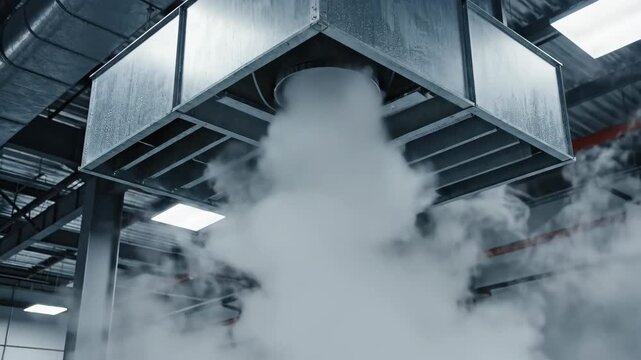 Industrial ventilation system releasing white vapor from metal duct in a factory or warehouse. Air flow and climate control concept.