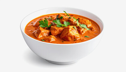 Delicious Chicken Tikka Masala in a White Bowl, Garnished with Fresh Parsley, Isolated on White Background
