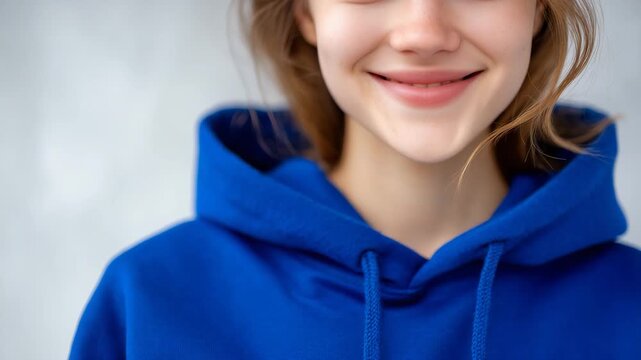 Close-up of a woman in a royal blue hoodie, plain white background, subtle shadows for depth, fabric and stitching details visible, perfect for online catalog