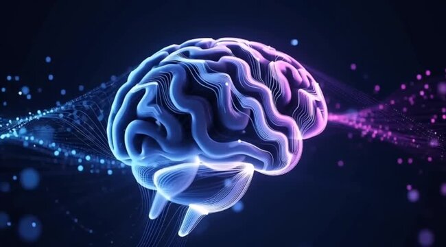 Glowing three dimensional human brain rendering vividly illustrates complex neural network activity representing artificial intelligence data processing cognitive thought patterns and advanced neurosc