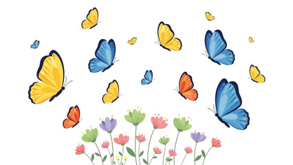 Colorful butterflies flying around vibrant flowers in garden