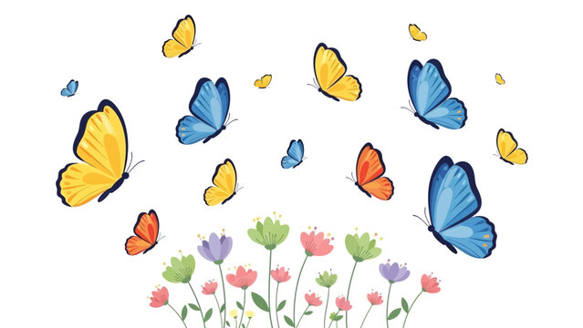 Colorful butterflies flying around vibrant flowers in garden