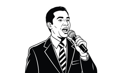 Dynamic portrait of a man in a suit confidently speaking into a microphone with expressive lines