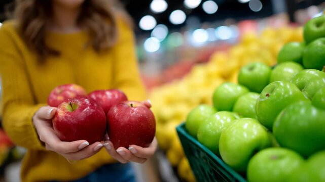Close-up of female shopper choosing apples, red apples contrast against green and yellow produce displays, shallow depth of field, healthy grocery shopping concept