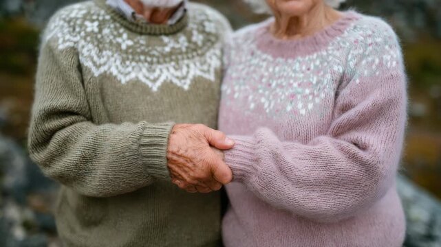 Close-up of elderly couple&rsquo;s torsos, arms gently linked, soft pastel sweaters in muted tones, natural soft focus background, warmth and long-lasting connection theme