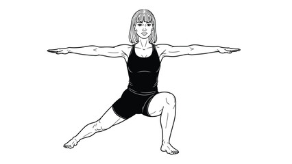 Dynamic warrior pose illustration capturing athletic strength and feminine grace in monochrome
