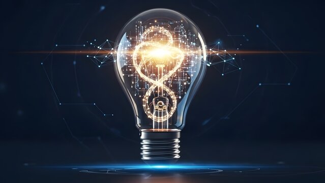 A glowing light bulb symbolizing digital innovation and interconnected ideas in a futuristic network - Powered by Adobe