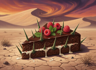 a slice of delicious cake covered in spikes. A surreal and conceptual artwork blending food with danger.