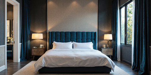 Fototapeta premium Luxurious Master Bedroom with Velvet Headboard and Floor-Length Drapes An opulent suite showcasing a tufted velvet headboard against a textured