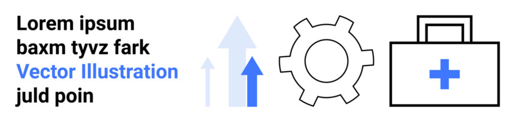 Obraz premium Upward arrows, gear, and medical bag iconizing development, health, and collaboration. Ideal for business, growth, healthcare, productivity innovation teamwork simple landing page