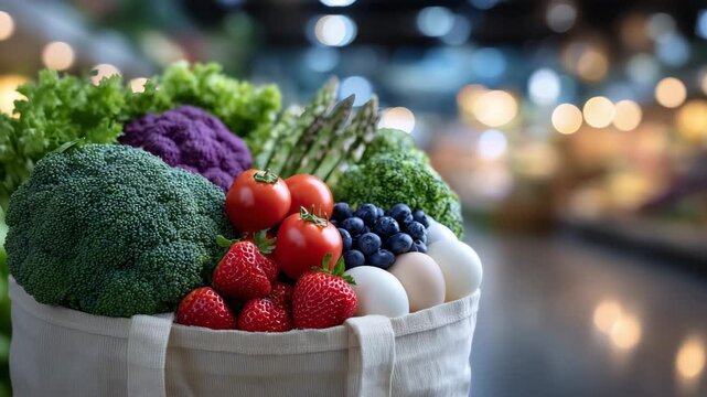 Close-up of grocery bag standing upright, filled with fresh produce and staples, bright colors of fruits and vegetables dominate, eggs and milk visible, clean and modern food shopp