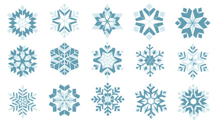 Collection of blue and white snowflakes on white background winter symbols
