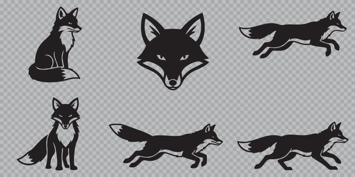 Red Fox Silhouette and Head Logo Set, Wild Forest Fox Vector Illustrations in Running and Sitting Poses