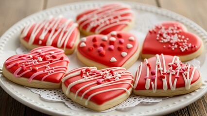 A plate of heart-shaped cookies with red icing and white drizzle