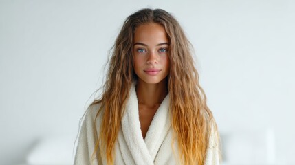 A stunning woman with long, wavy hair stands confidently in a fluffy robe in a bright setting, radiating beauty and inviting warmth while showcasing morning serenity.