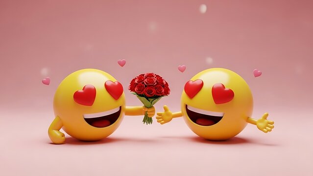 Two happy emojis with hearts for eyes holding a bouquet of roses