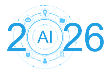 Futuristic 2026 AI concept with neural network icons and cloud tech elements in modern blue abstract style on white background. 3D Rendering