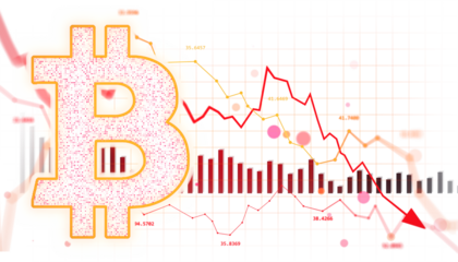 Large bitcoin icon with stock chart, red arrow, bars, and data lines on light background. Concept of crypto crash, price loss, and market decline. 3D Rendering