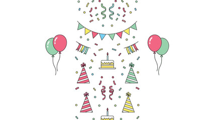 Colorful birthday party celebration with cake balloons and confetti on white background