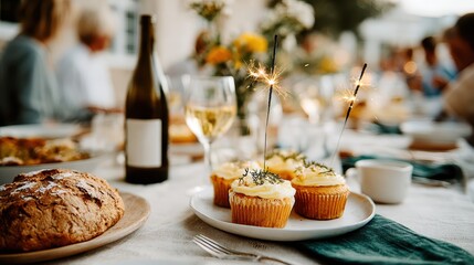 A beautifully arranged plate of cupcakes with sparklers adds a magical touch to a cheerful outdoor gathering, highlighting joy, celebration, and community spirit in a vibrant setting.