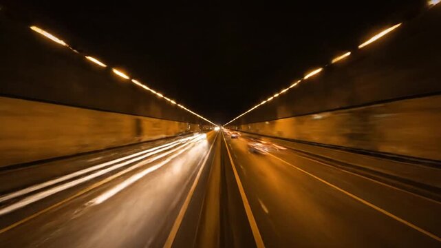 The video shows a rapid, continuous journey through a massive, artificially lit highway tunnel. Vehicles zoom past in both directions, leaving dynamic light trails that stretch toward the distant, ce